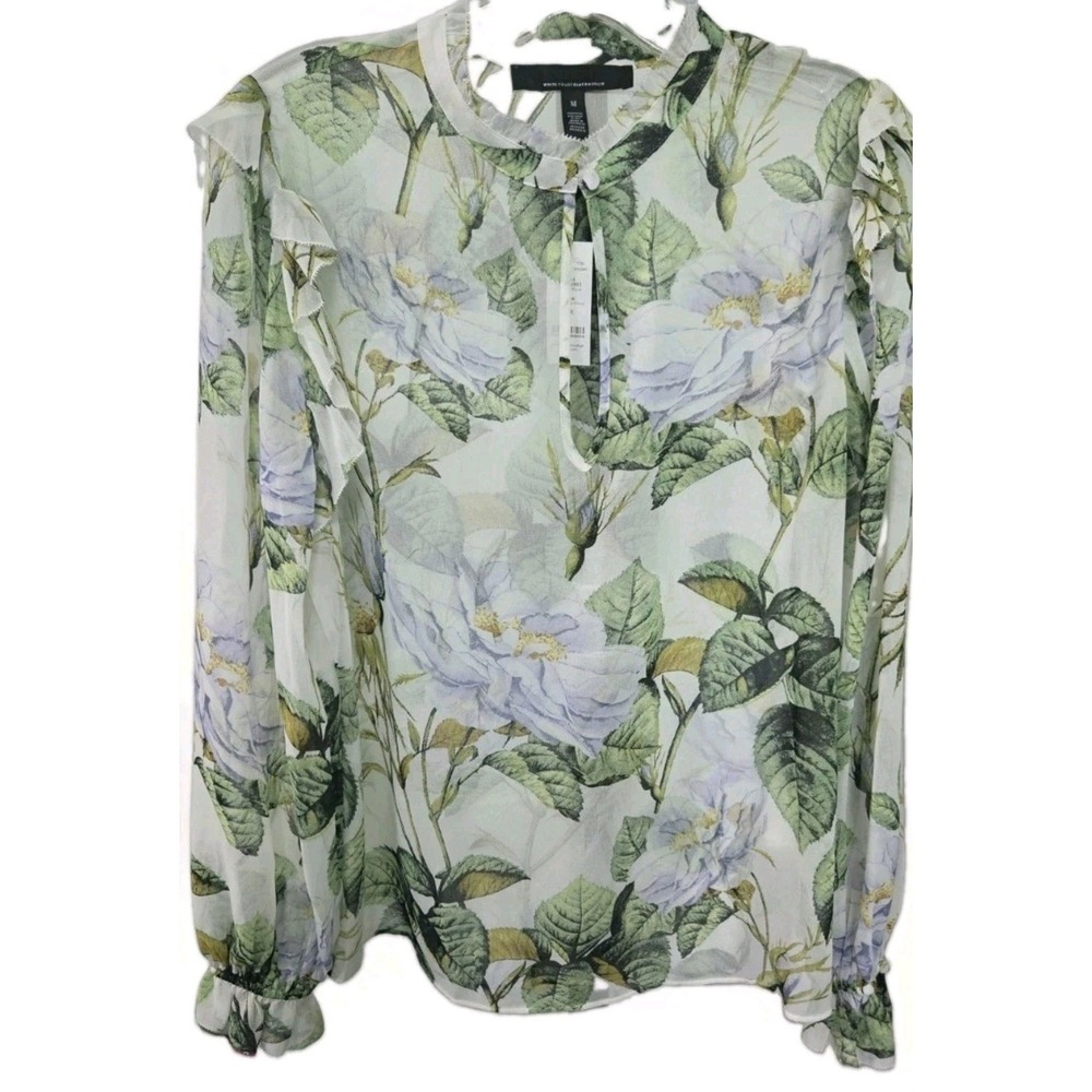 White House Black Market Floral Chiffon Blouse Ecru Lavender Ruffle Top M